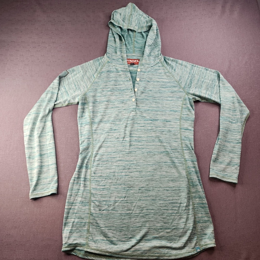Simms Fishing Performance Hoodie Shirt Womens Small Teal Space Dye Hiking Henley